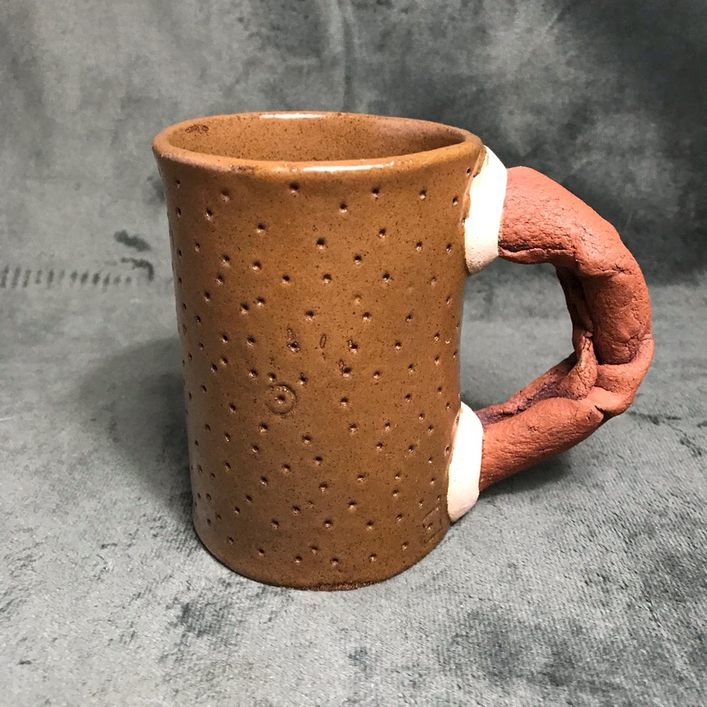 JOHNSTON Pottery Coffee Mug Cup Unique Handle Signed Art Pottery